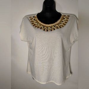 Ruby Rd Ivory‎ Beaded Tee Womens Size PM  Blouse Cap Sleeve Stretch Knit Top